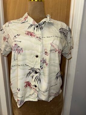 Big Dogs VTG Cream Tropical Print Short-Sleeve Button-Down Graphic Shirt SZ S​
